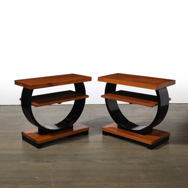 Pair of Art Deco Machine Age Two-Tier Side Tables in Walnut & Black Lacquer For Sale - Image 4 of 18