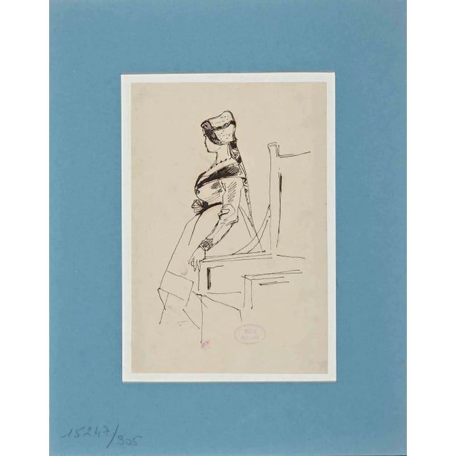 Profile of Woman from behind is an Original Drawing in China Ink realized by Eugène Giraud in the Late 19th Century. Good...