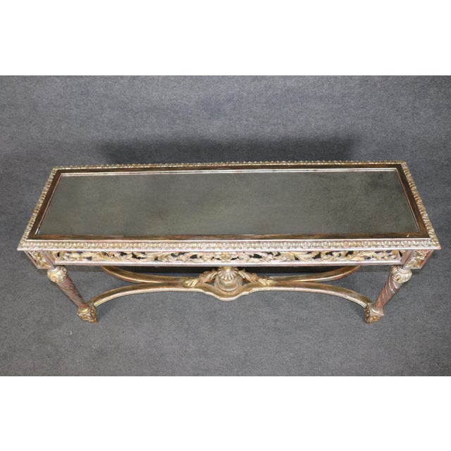 French 1960's Louis XVI Style Mirrored Top Console DIstressed Silver and Gold Accents For Sale - Image 3 of 13