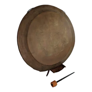 Vintage Brass Gong With Etched Dragons on a Wooden Stand With a Mallet
