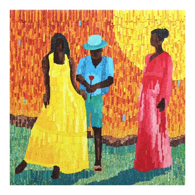 Red Roses - Large Textural Layered Painted Canvas Colorful Figurative Original Artwork by Amadou Opa Bathily For Sale