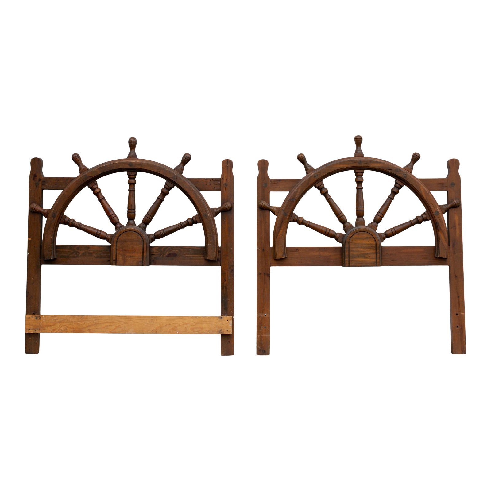 Vintage Nautical Ship Wheel Helm Twin Mahogany Headboards a Pair