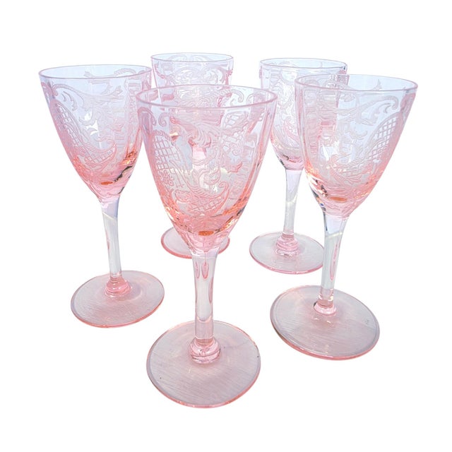 A rare set of five Cambridge Glass Company pink cordial glasses in Etch #740 on Stem #3050, made in Cambridge, Ohio, and...