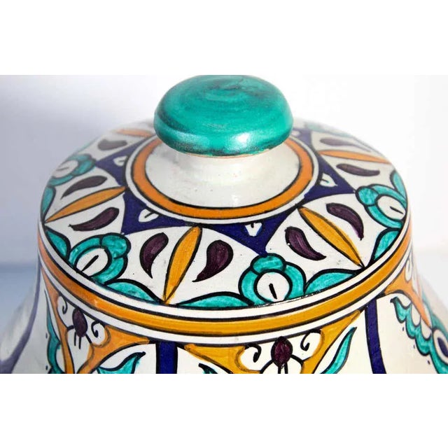 Large pair of Moroccan glazed polychrome ceramic jars tureen with cover. Hand painted ceramic Jubbana, handcrafted by...