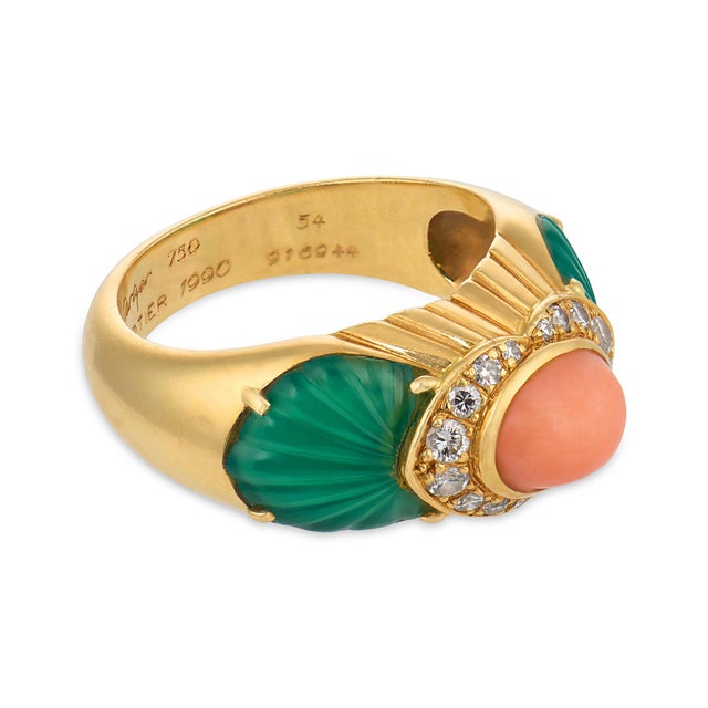 Cartier French Diamond Coral Chrysoprase 18k Yellow Gold Ring, Size 6.5 For Sale In Los Angeles - Image 6 of 9