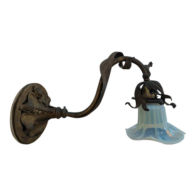 1900's Victorian Brass Sconces With Trumpet Shades For Sale