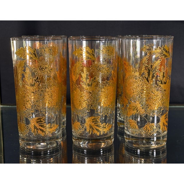 Mid-Century Modern Vintage Hollywood Regency 22k Gold Chrysanthemum Highball Glasses - Set of 6 For Sale - Image 3 of 7