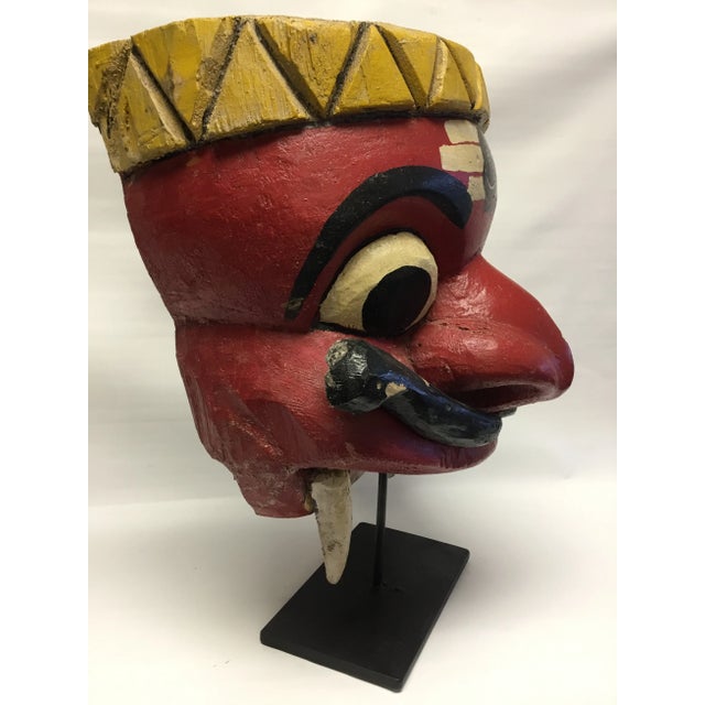 Mid-Century Modern Wooden Mask on Base Red and Yellow For Sale - Image 3 of 11