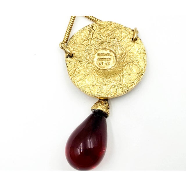 1980s Chanel Rare Vintage Gold Plated CC Lion Red Tear Drop Necklace For Sale - Image 5 of 6