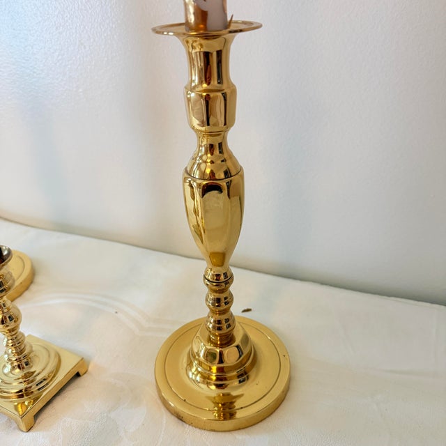 Late 20th Century Vintage Graduating Height Solid Brass Candlesticks, a Set of 5 For Sale - Image 5 of 11