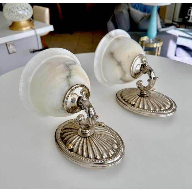 1980s Pair Silver Nickel Alabaster Sunburst Wall Sconces For Sale - Image 5 of 18
