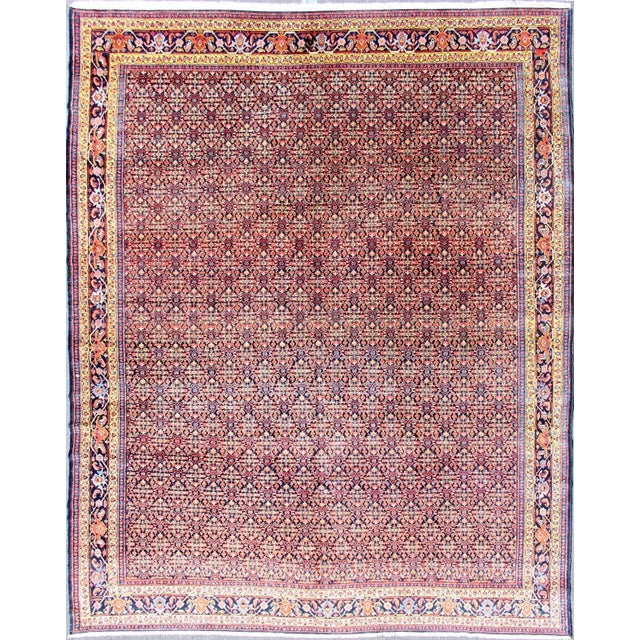 Antique Persian Fine Senneh Rug With All-Over Geometric Design in Blue Background For Sale - Image 13 of 13