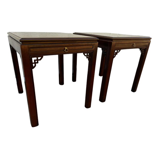 Late 20th Century Pair of Mahogany Chinese Chippendale Style End Tables With Writing Surfaces For Sale