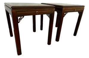 Late 20th Century Pair of Mahogany Chinese Chippendale Style End Tables With Writing Surfaces