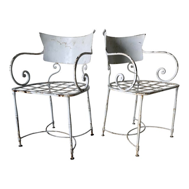 Pair of Vintage Arhaus White Metal Garden Dining Armchairs With Scroll Arms For Sale