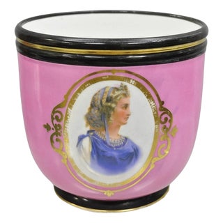 Antique French Porcelain Pink Hand Painted Portrait Cachepot Jardiniere Vase For Sale
