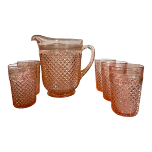 1930s Miss America Depression Glass and Pitcher Set- 6 Pieces