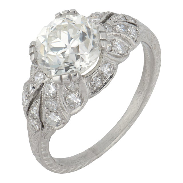 1930s Art Deco Gia 2.19 Carat Old European Cut Diamond Platinum Engagement Ring, Size 7 For Sale