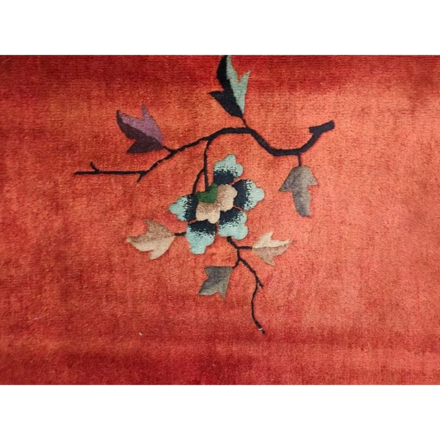 Textile 1920s Ruby Red Floral Antique Chinese Art Deco Rug 5' X 6'9" Knotted Pile Wool Carpet For Sale - Image 7 of 9