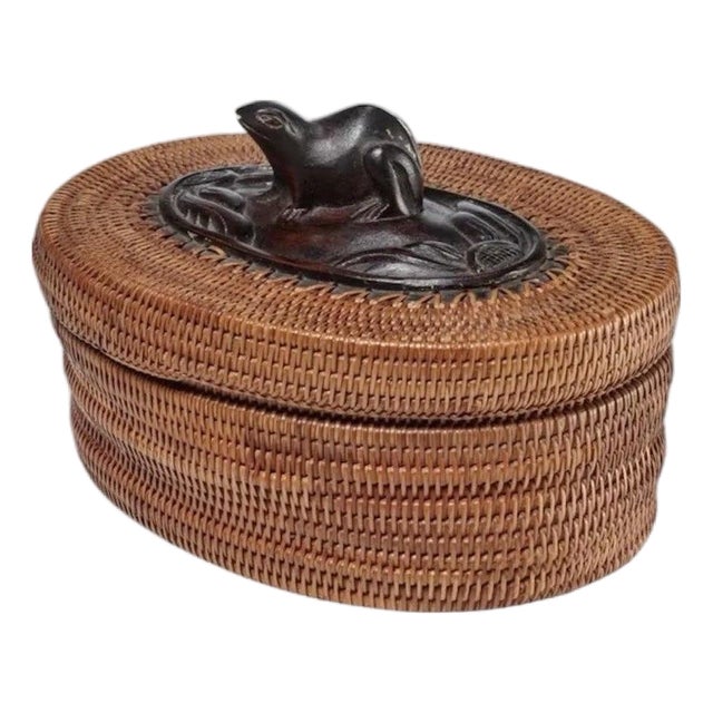 Vintage Iris Apfel Owned Indonesian Wicker Basket Box With Carved Wood Frog For Sale