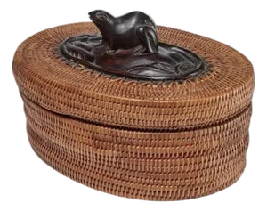 Vintage Iris Apfel Owned Indonesian Wicker Basket Box With Carved Wood Frog