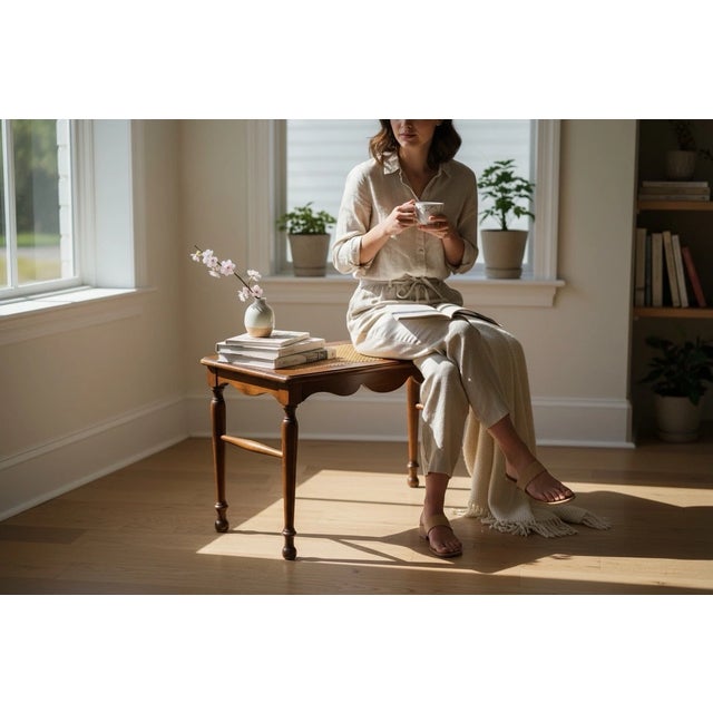 Antique Victorian Pre-1930 Caned Bench Woven Cane Seat Piano Hall Bench Wood For Sale - Image 18 of 18