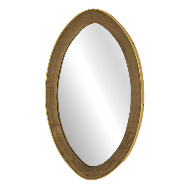 Mid-Century Modern Oval Wall Mirror in Brass and Velvet, 1960s For Sale