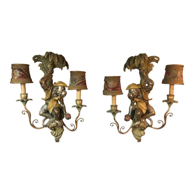 Vintage Hand Carved Italian Monkey Wall Sconces - Set of 2 For Sale
