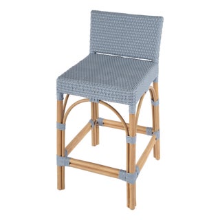 Serienna 24.5 in. Seat Height Rectangular Rattan Low Back Counter Stool, Baby Blue/ Natural Rattan Frame For Sale