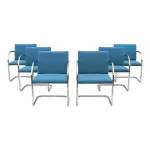 MCM Ludwig Mies Van Der Rohe Brno Tubular Chairs Blue Fabric by Gordon, Set of 6
