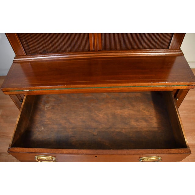 1910s Antique English Sheraton Mahogany Inlaid Writing Secretary Tambour Desk. For Sale - Image 13 of 18