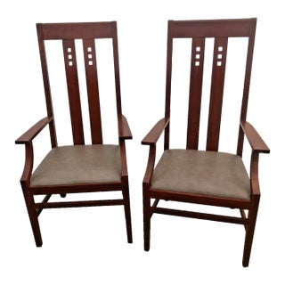 Stickley Armchairs Mission Style, Solid Cherry Frame, Leather Seat Set of Two For Sale