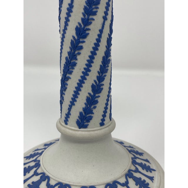 Antique c.1876 Wedgwood White Jasperware Candlesticks - Pair of Rare White Columns With Cobalt Blue Spiral Twist Relief For Sale In Boston - Image 6 of 12