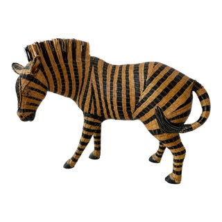 Vintage Hand-Woven Wicker Zebra Sculpture With Glass Eyes For Sale