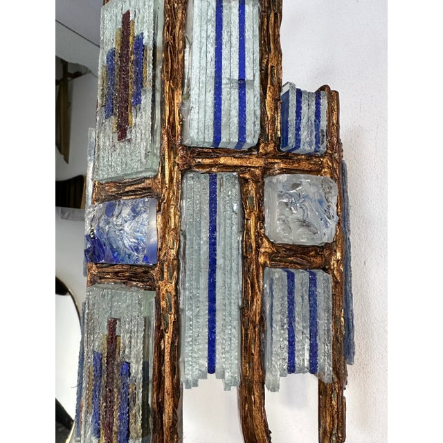 Pair of Hammered Glass Wrought Iron Sconces by Longobard, Italy, 1970s For Sale - Image 6 of 13