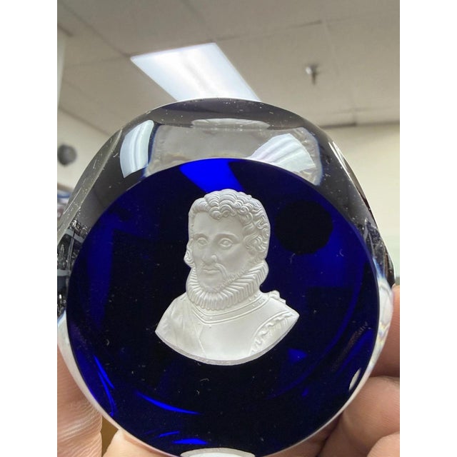 Vintage 1970s Cristal D'Albret France Limited Edition Christopher Columbus Sulphide Glass Faceted Cobalt Blue Paperweight...