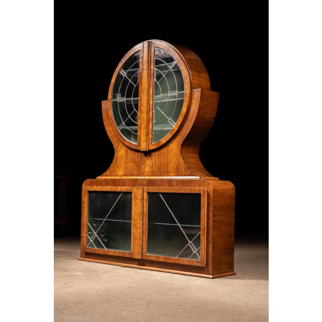 1930s Circular Art Deco Liquor Cabinet With Leaded Glass Doors For Sale - Image 4 of 18