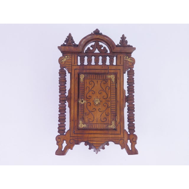 Wood Vintage Carved Wooden Wall Cabinet with Brass Hardware, 1920s For Sale - Image 7 of 11