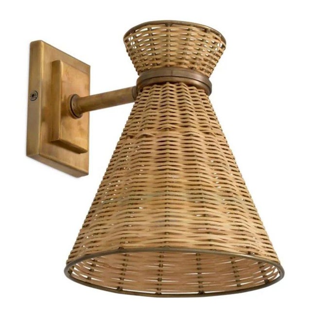 Natural Rattan and Vintage Brass Wall Lamps, Set of 2 For Sale - Image 5 of 9