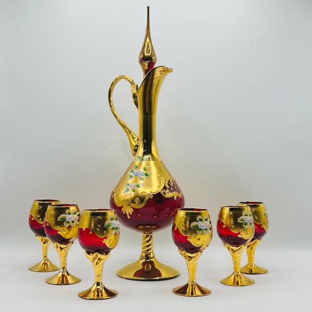 Mid-Century Modern Ruby Red Murano Glass Tre Fuochi Decanter and Liqueur Service, 1950s, Set of 7 For Sale - Image 3 of 14