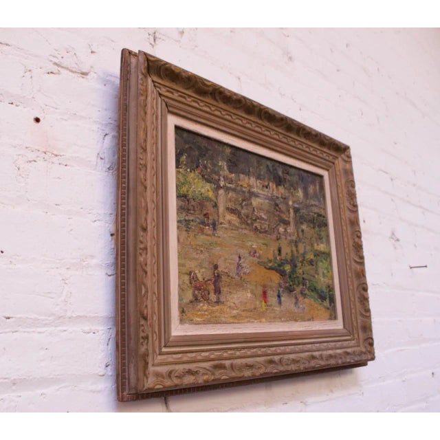 Tuileries garden post-impressionist study (circa 1950, Paris, artist unknown). Pleasing color usage depicting parkgoers in...