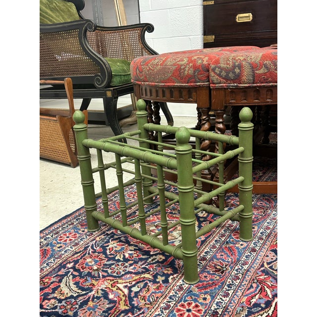 Elegant Hollywood Regency Style Faux Bamboo Canterbury Magazine in a spring green color. This faux bamboo magazine rack is...