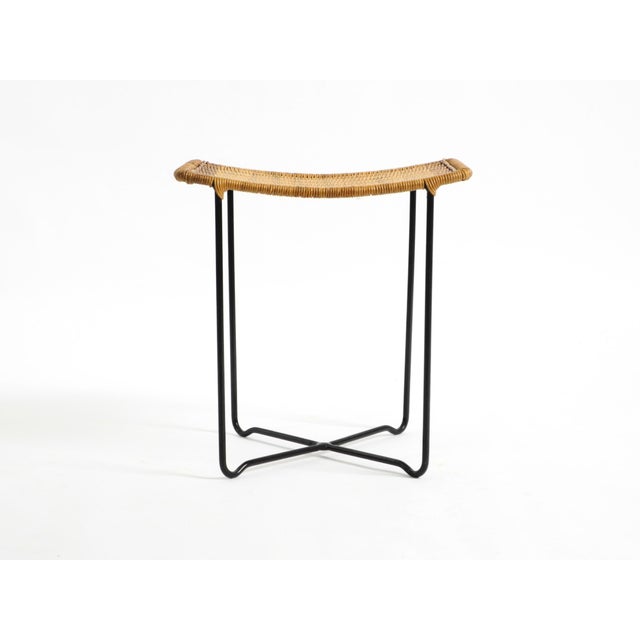 Mid-Century Modern Mid-Century Modern Rattan Stool with Black Iron Frame, 1950s For Sale - Image 3 of 18