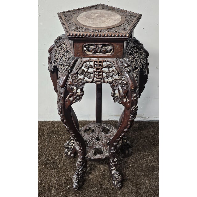 19th Century Chinese Qing Carved Rosewood and Marble Inset Stand For Sale - Image 4 of 7