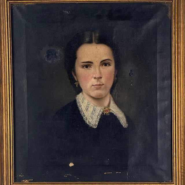 American Antique Mid-Late 19th Century Oil on Canvas Painting of Young Woman in High Neck Dress For Sale - Image 3 of 11