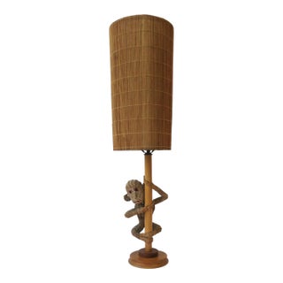 Wicker Rattan Monkey Lamp with Wicker Shade in the Lopez Style, circa 1970s For Sale