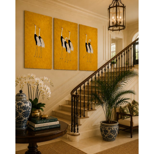 Japanese Cranes Triptych, Gold Crane Wall Art Set of 3, 16" X 24" For Sale - Image 10 of 11