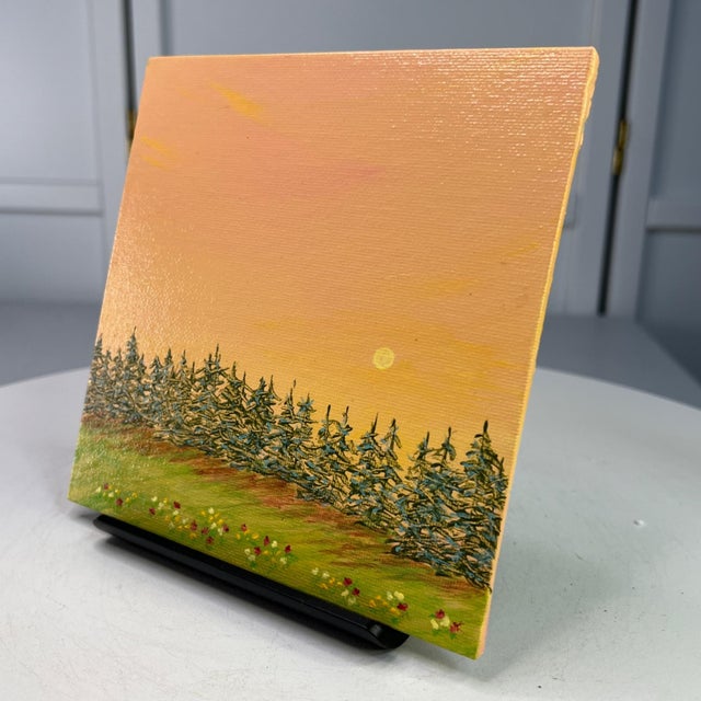 Contemporary A Day Ends 6" X 6" Acrylic Painting Forest Sunset Landscape Original Wall Art For Sale - Image 3 of 7