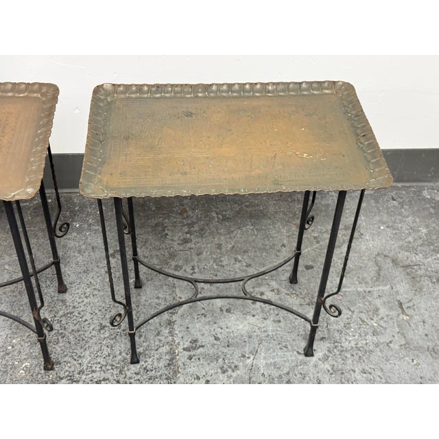 Egyptian Vintage Brass Tray + Wrought Iron Side Tables, Pair For Sale In San Francisco - Image 6 of 12