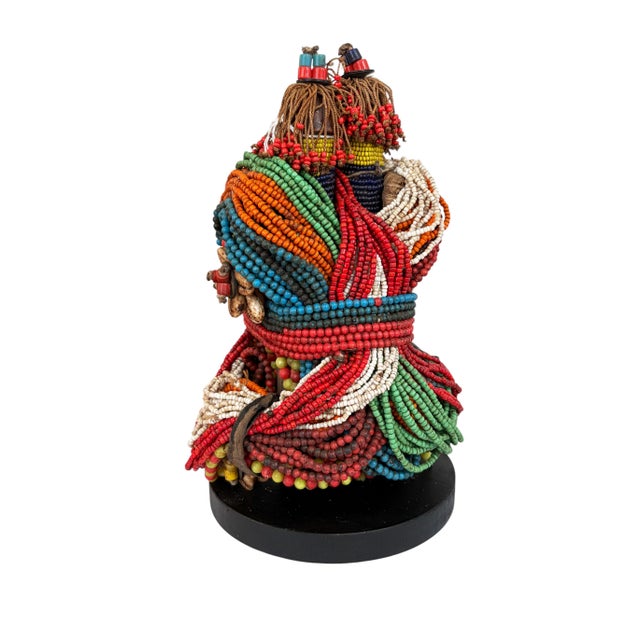 Wood Vintage African Beaded Namji Twin Fertility Dolls Cameroon 9.25" H W/Wood Stand For Sale - Image 7 of 7
